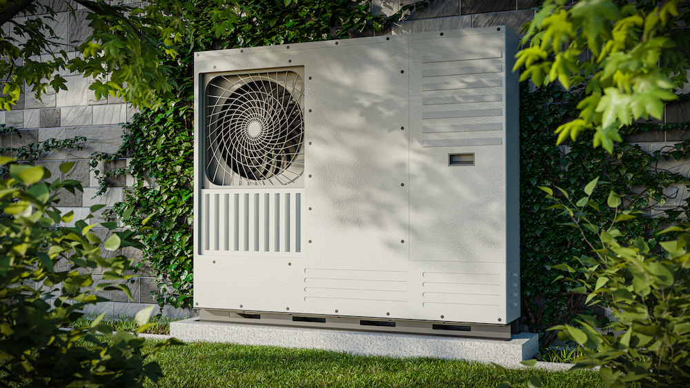 A heat pump against a wall covered with ivy. 3d render showing renewable energy sources. A heat pump against a wall covered with ivy. 3d render showing renewable energy sources.