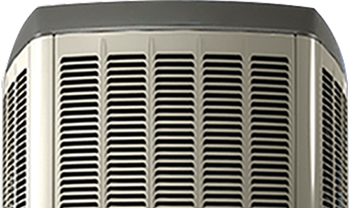 Front view of a Romaniuk HVAC condenser unit with a metallic grille design, shown isolated on a transparent background.